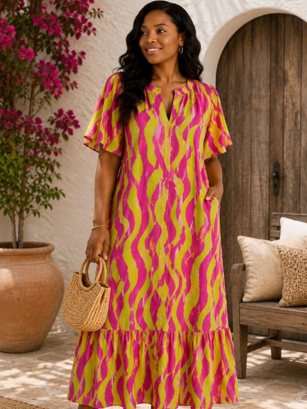 NWT Easel Los Angeles Magenta & Lime Boho Maxi Dress Large Relaxed